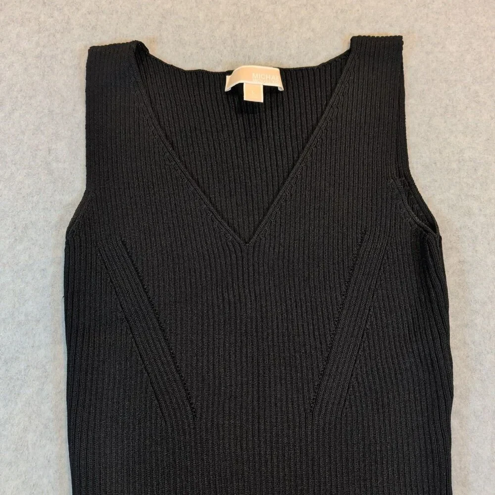 Michael Kors Womens L Black Ribbed Knit Bodycon Midi Dress V-Neck Sleeveless